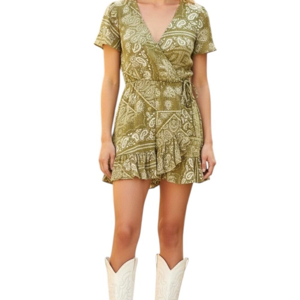 Zara Green and White Paisley Print Faux Wrap Mini Dress Size Medium